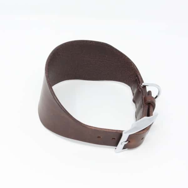 Back of italian brown leather Greyhound dog collar on white background
