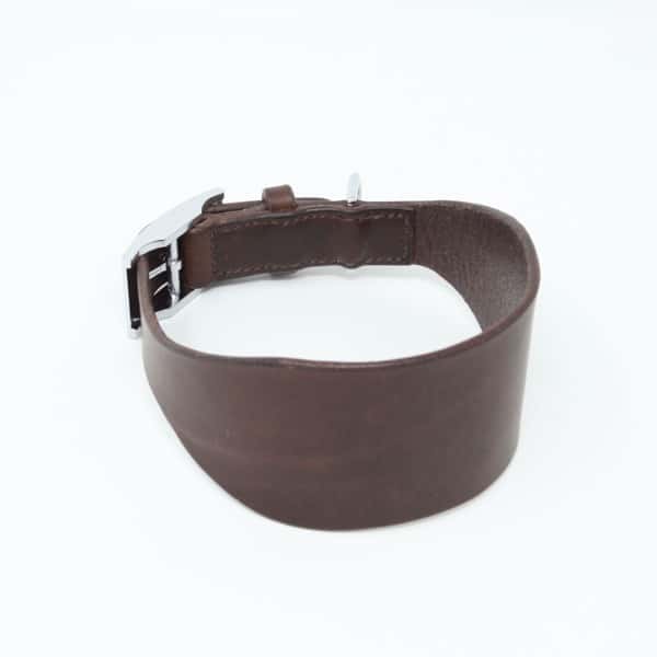 Front of italian brown leather Greyhound dog collar on white background
