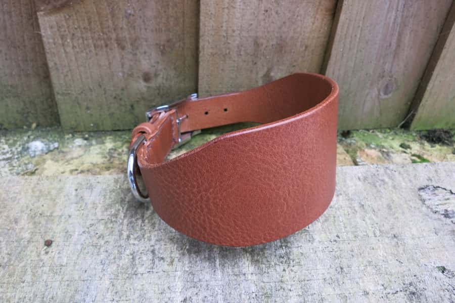 Front of bubble tan leather whippet collar. Shown closed against wooden fence background.