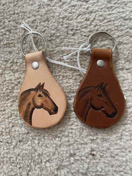 2 leather key fobs / key rings with horse's head motifs