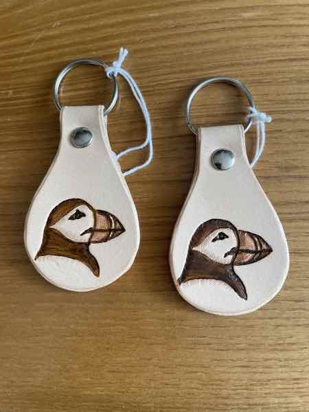 2 leather key fobs / key rings with puffin motifs