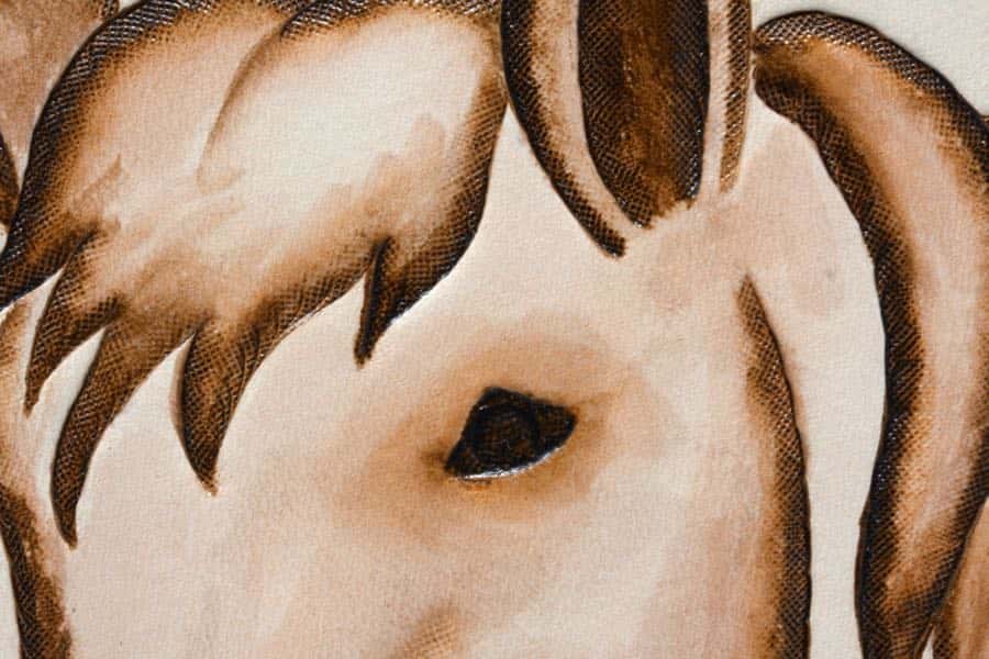 detail of horse's face embossed in leather