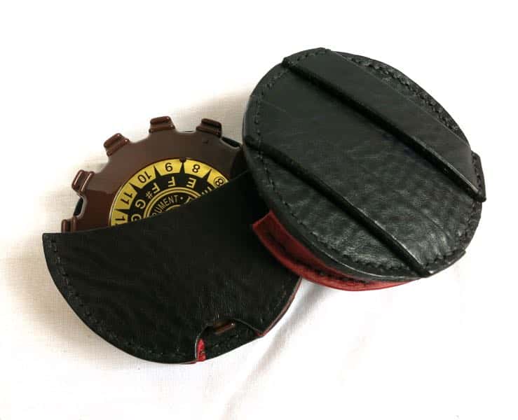 Front and back view of black leather pitch pipe holster