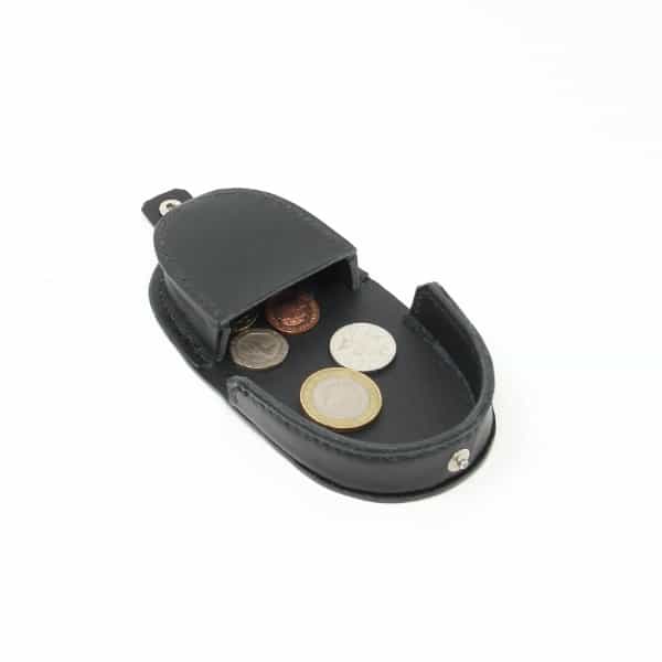 Black leather coin catcher purse sopen, shown with coins