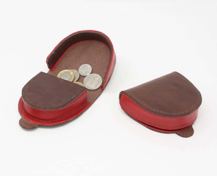 Leather coin catcher purse shown open and closed