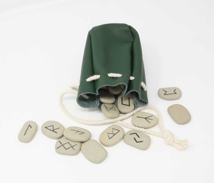 Green leather drawstring pouch with rune with rune stones