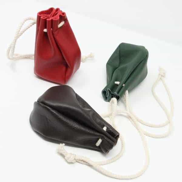 Red, Green and brown leather drawstring pouches