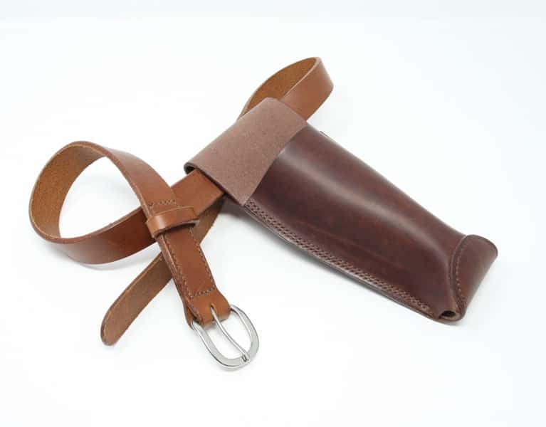 Leather secateurs holster on a belt, showing front of holster