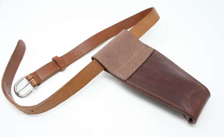 Leather secateurs holster on a belt, showing back of holster
