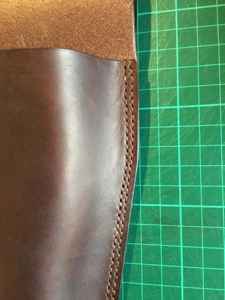 Detail of leather secateurs holster showing double stitching