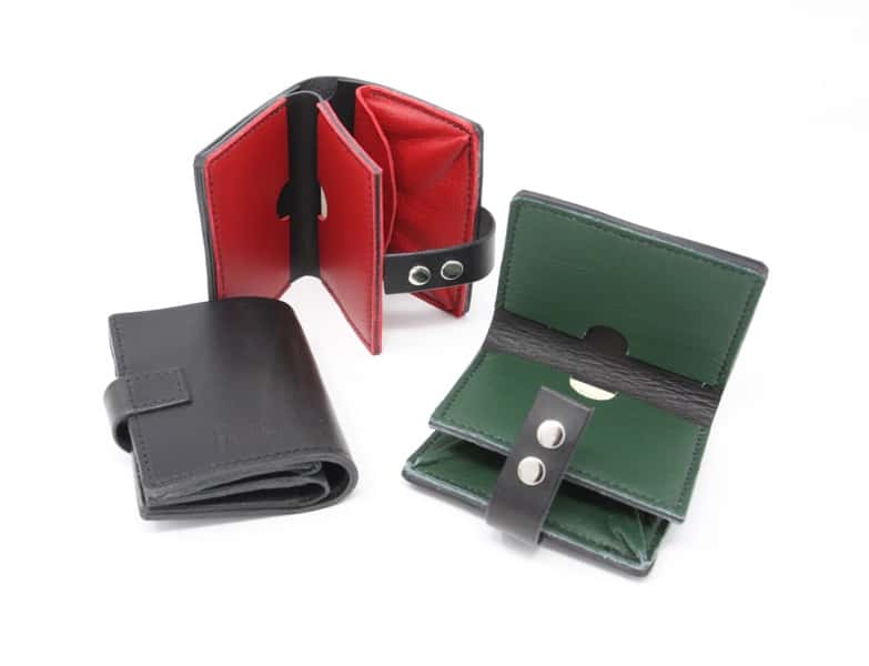 Black leather jumbo wallets showing either green or red leather linings. Both shown open