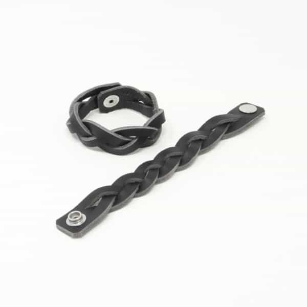 Chunky black leather plaited wristband