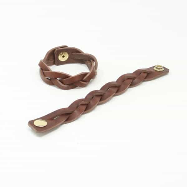 Chunky brown leather plaited wristband